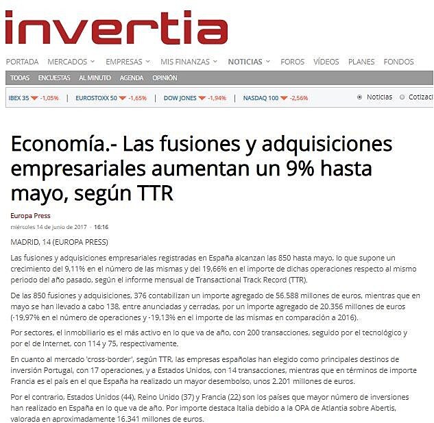 Las fusiones y adquisiciones empresariales aumentan un 9% hasta mayo, segn TTR